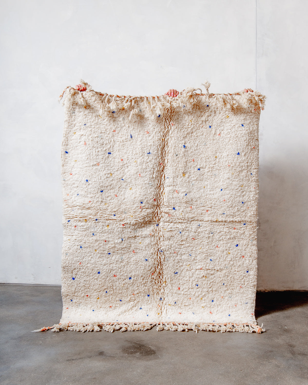 Modern, designer, handcrafted Berber rug from Morocco. Beniourain carpet with beautiful colours and patterns and fluffy wool texture.